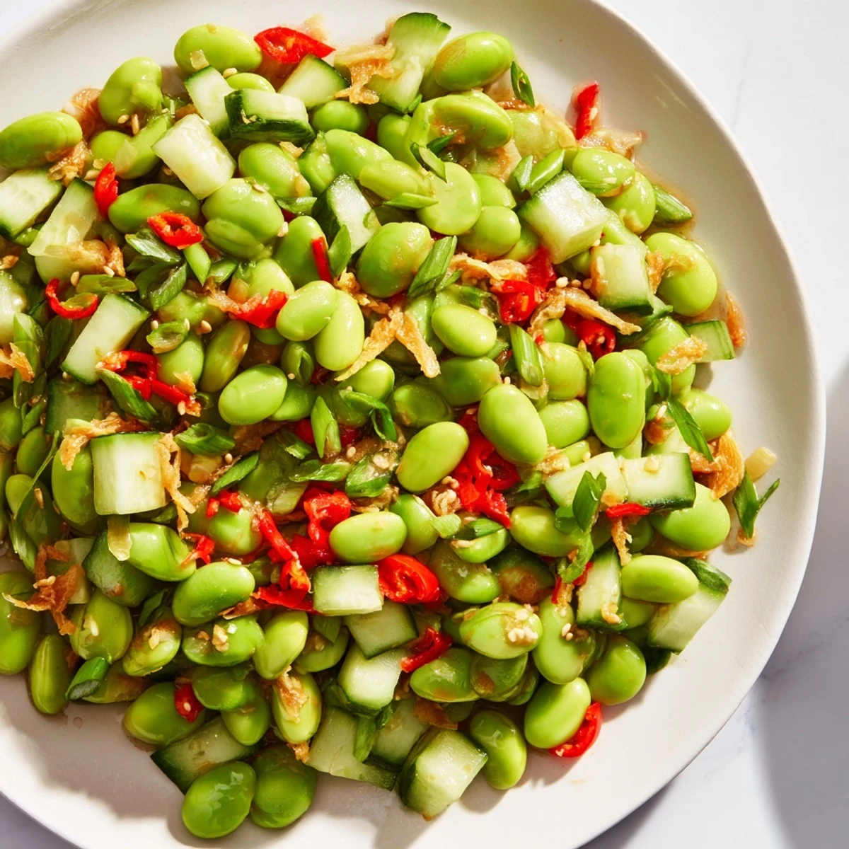 Close-up of a delicious edamame salad that highlights fresh, healthy Asian-inspired flavors.