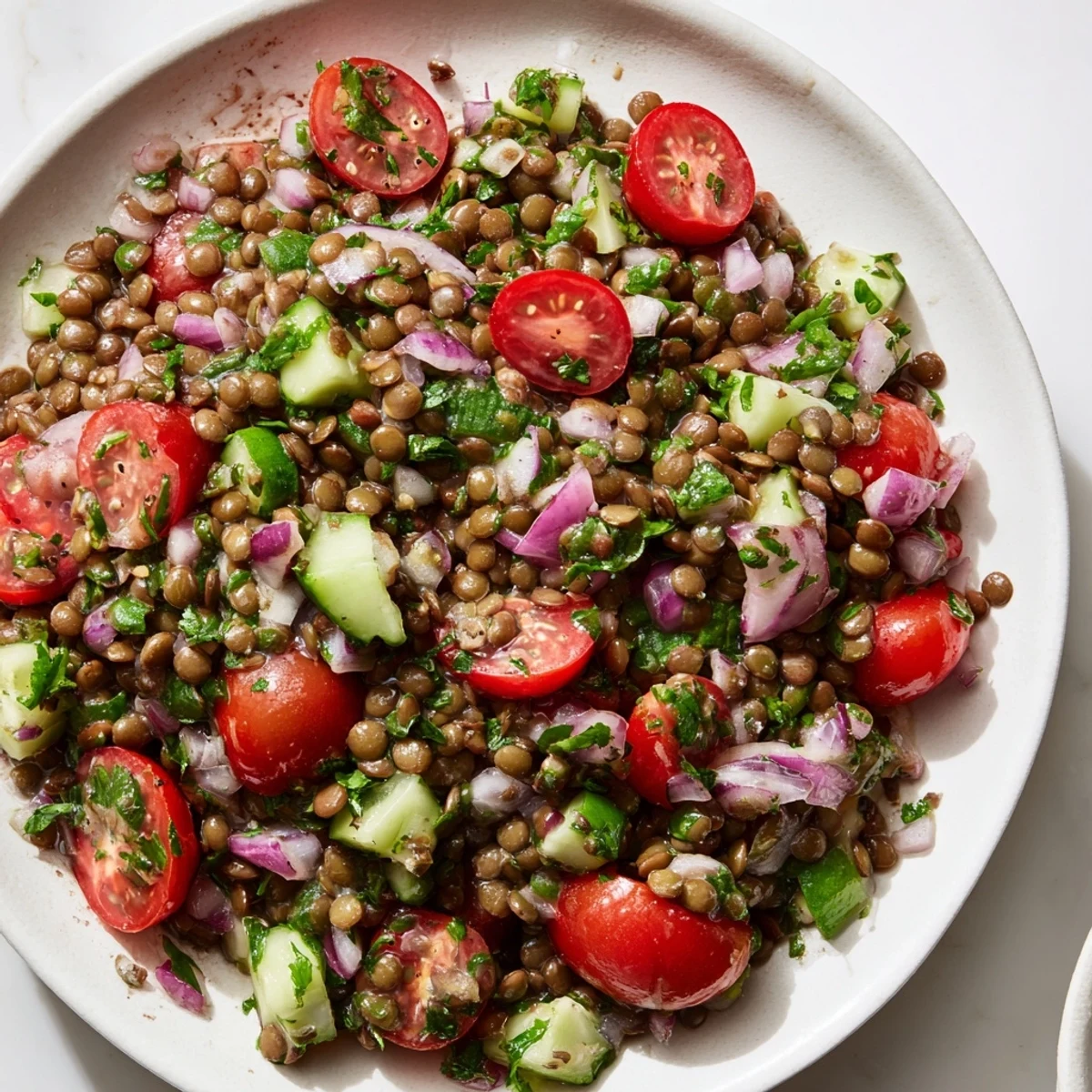 A colorful Lentil Salad with plump tomatoes and cucumbers, drizzled with tangy vinaigrette.