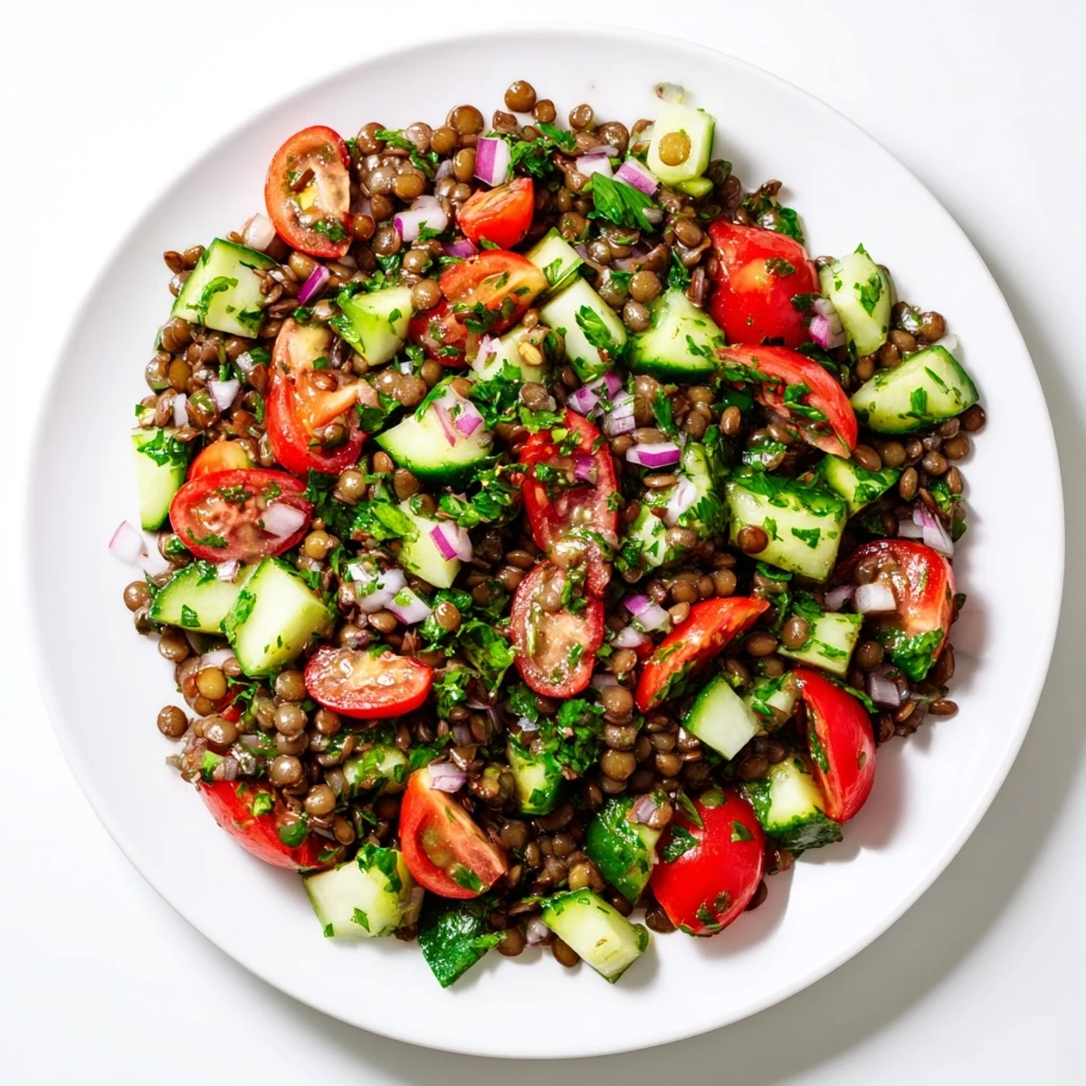 Enjoy a refreshing Lentil Salad featuring tender lentils and a vibrant mix of fresh vegetables.