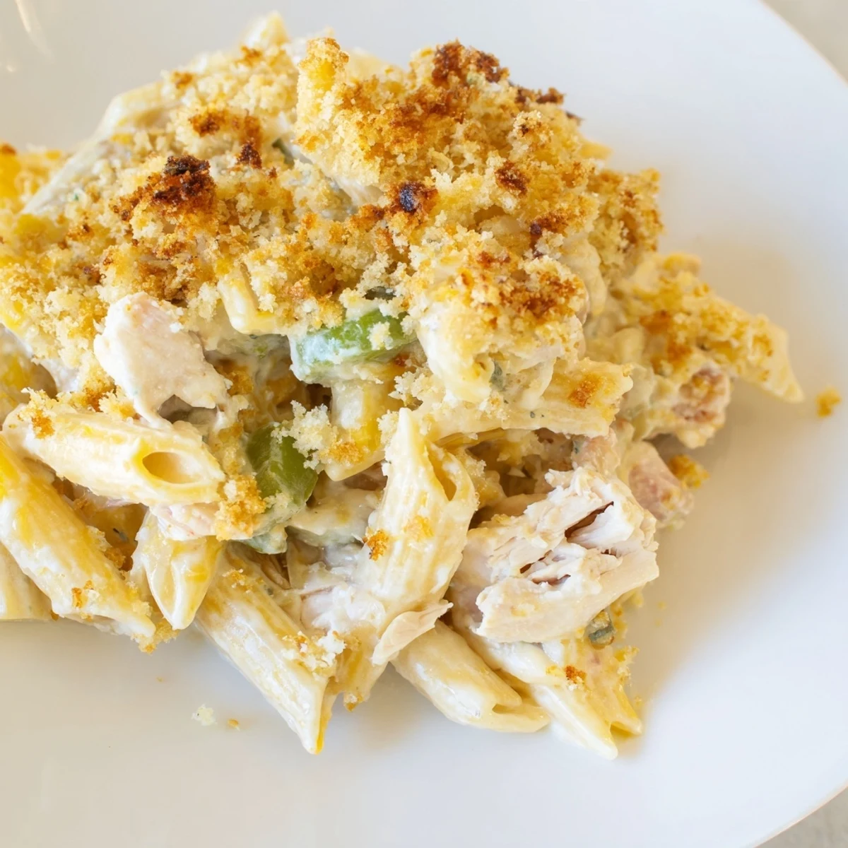 Creamy Jalapeño Popper Chicken Pasta bubbling hot from the oven, topped with golden breadcrumbs.