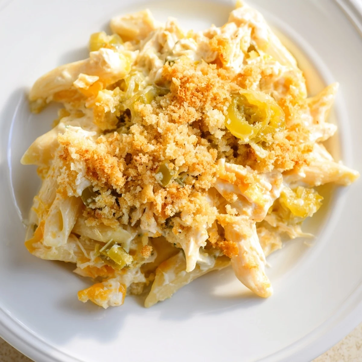 A close-up of Jalapeño Popper Chicken Pasta: tender chicken, spicy jalapeños, and melted cheese.