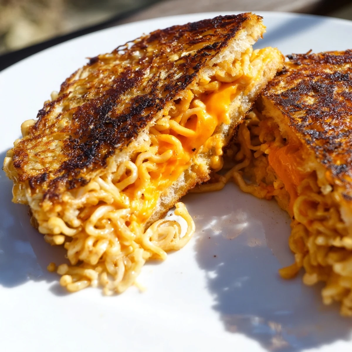 A close-up of a delicious Instant Ramen Grilled Cheese, perfect for a quick and easy lunch.