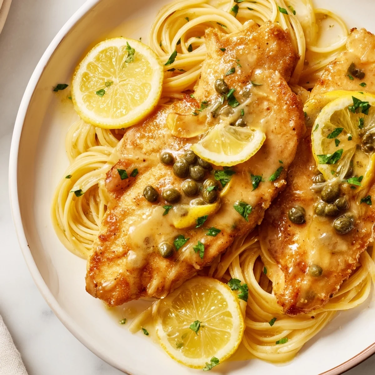 Creamy, flavorful Quick Chicken Piccata Pasta is served with parsley and lemon slices.