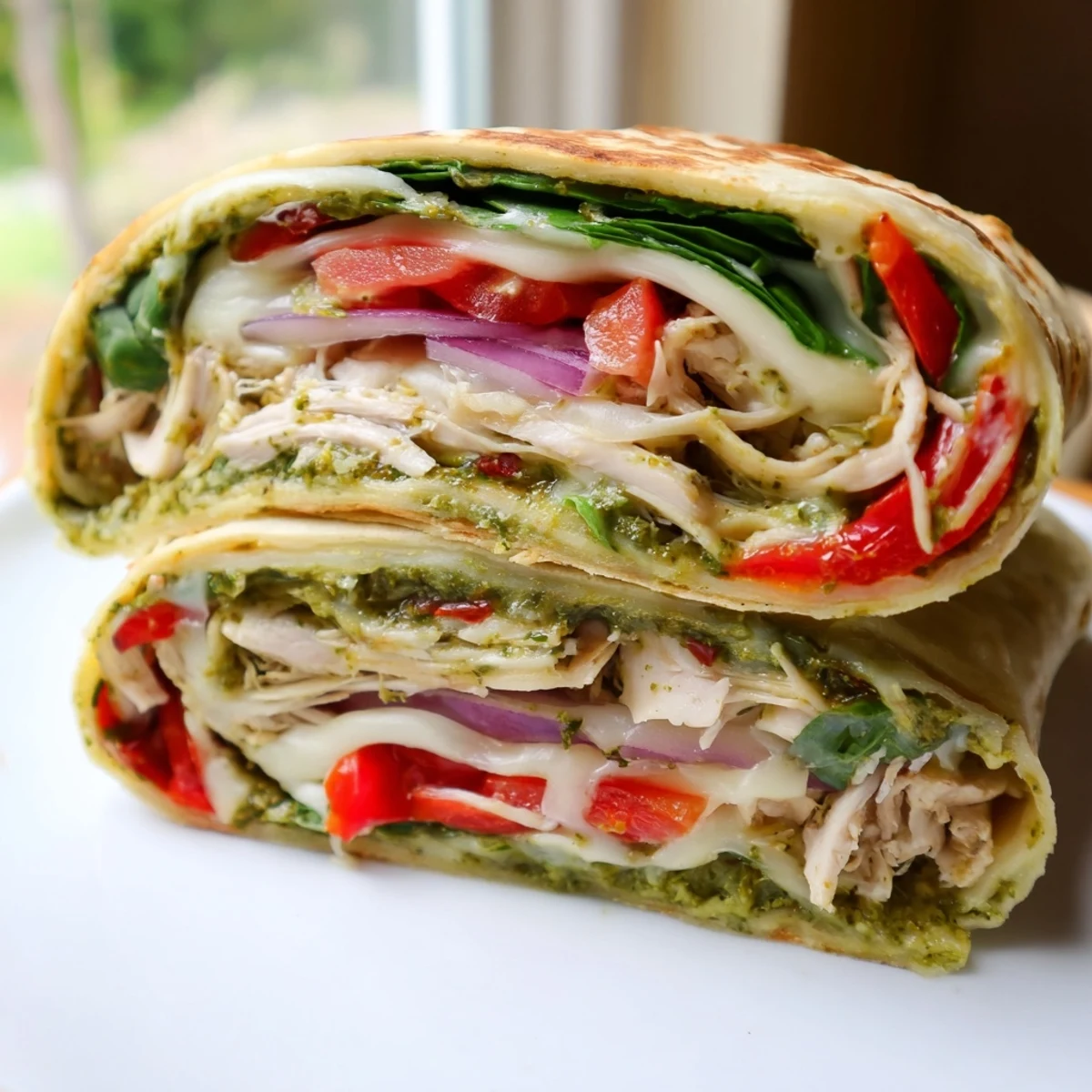 Freshly made Pesto Chicken Wrap, showcasing a beautifully rolled wrap with colorful fillings.