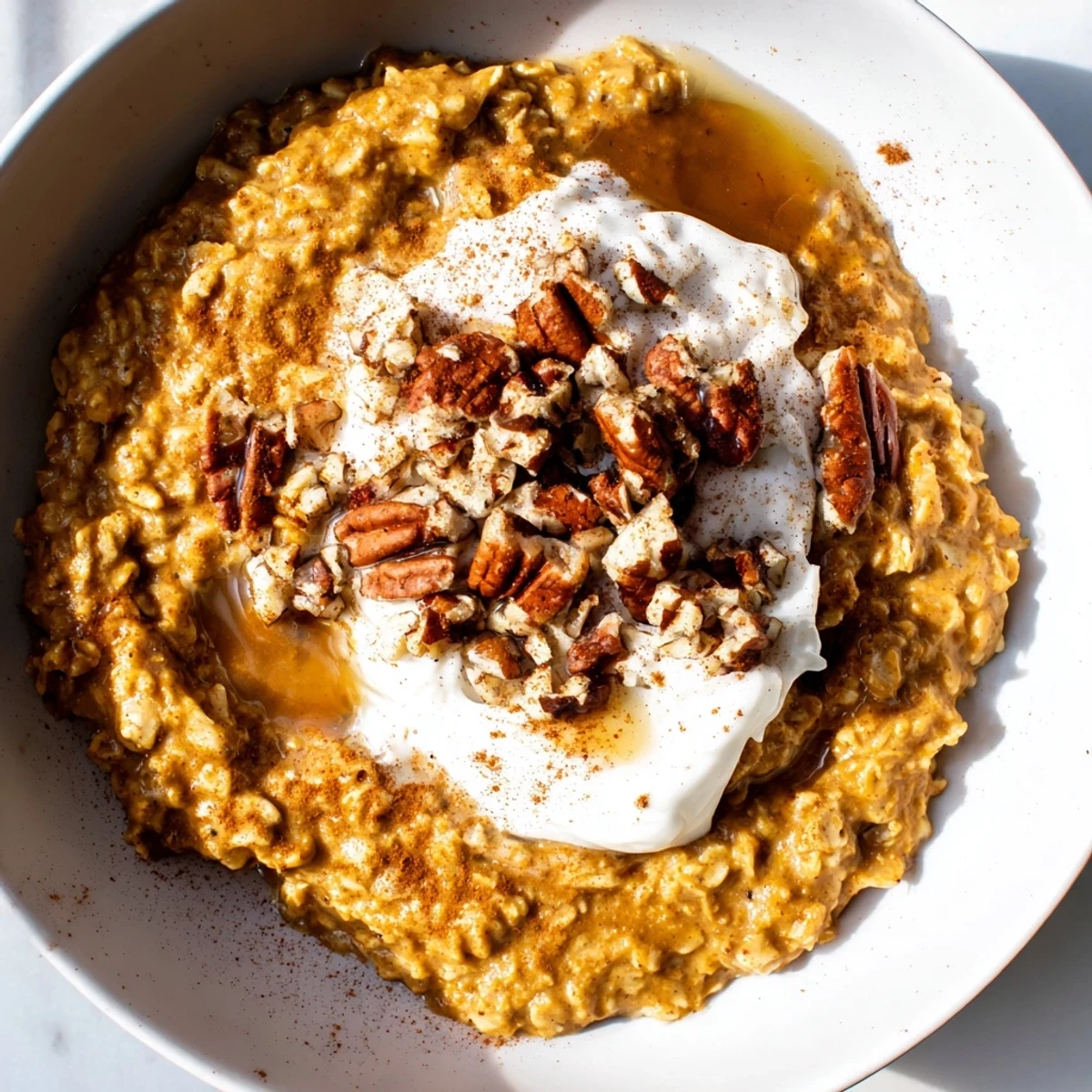 Warm, spiced pumpkin spice latte oats topped with nuts and maple syrup, ready to eat.