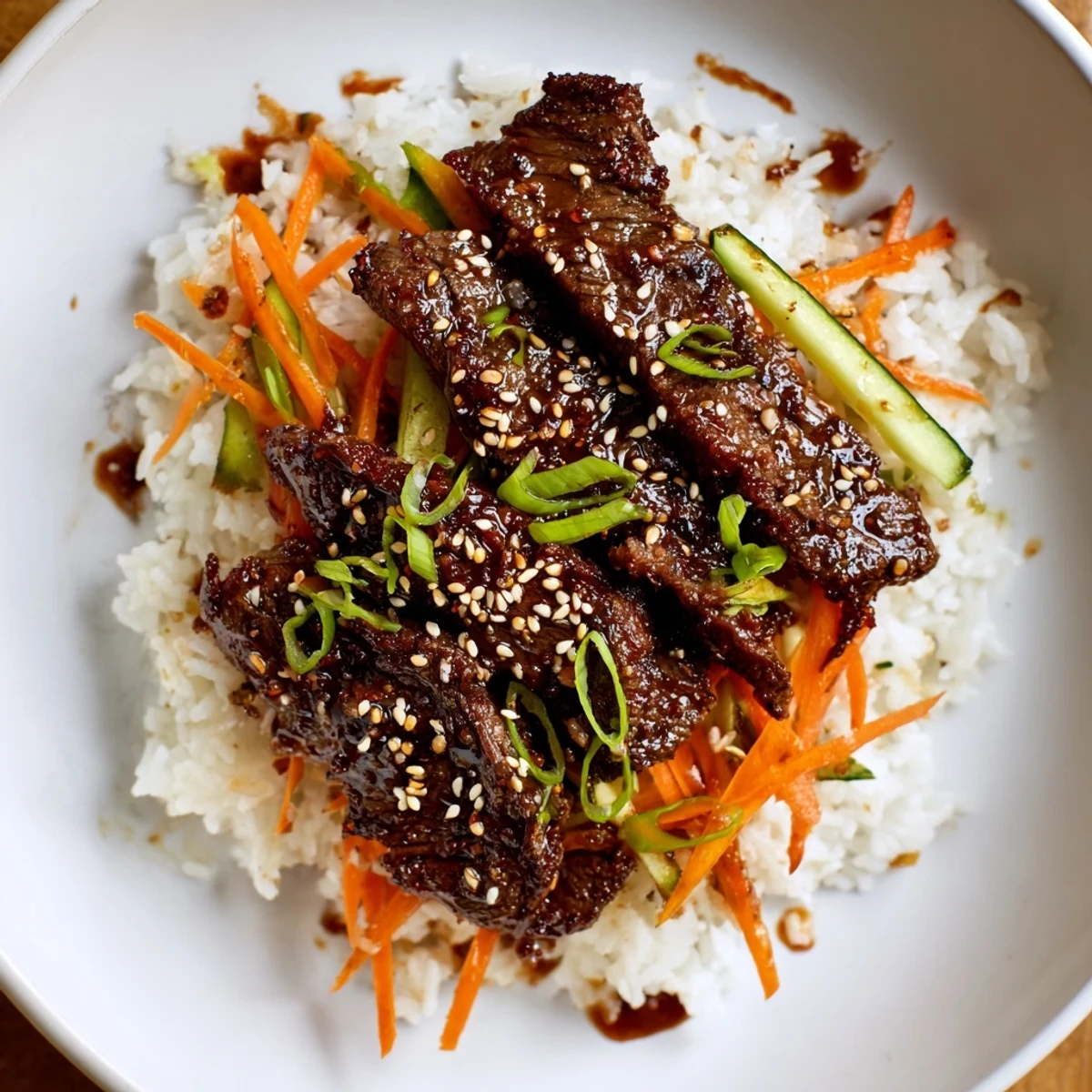 A sizzling bulgogi beef bowl with glistening marinated beef and fresh, colorful vegetables atop rice.