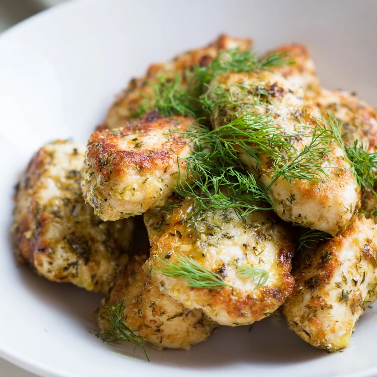 Close-up of baked Pickle Ranch Chicken, coated with ranch seasoning, ready to be served hot with dill.