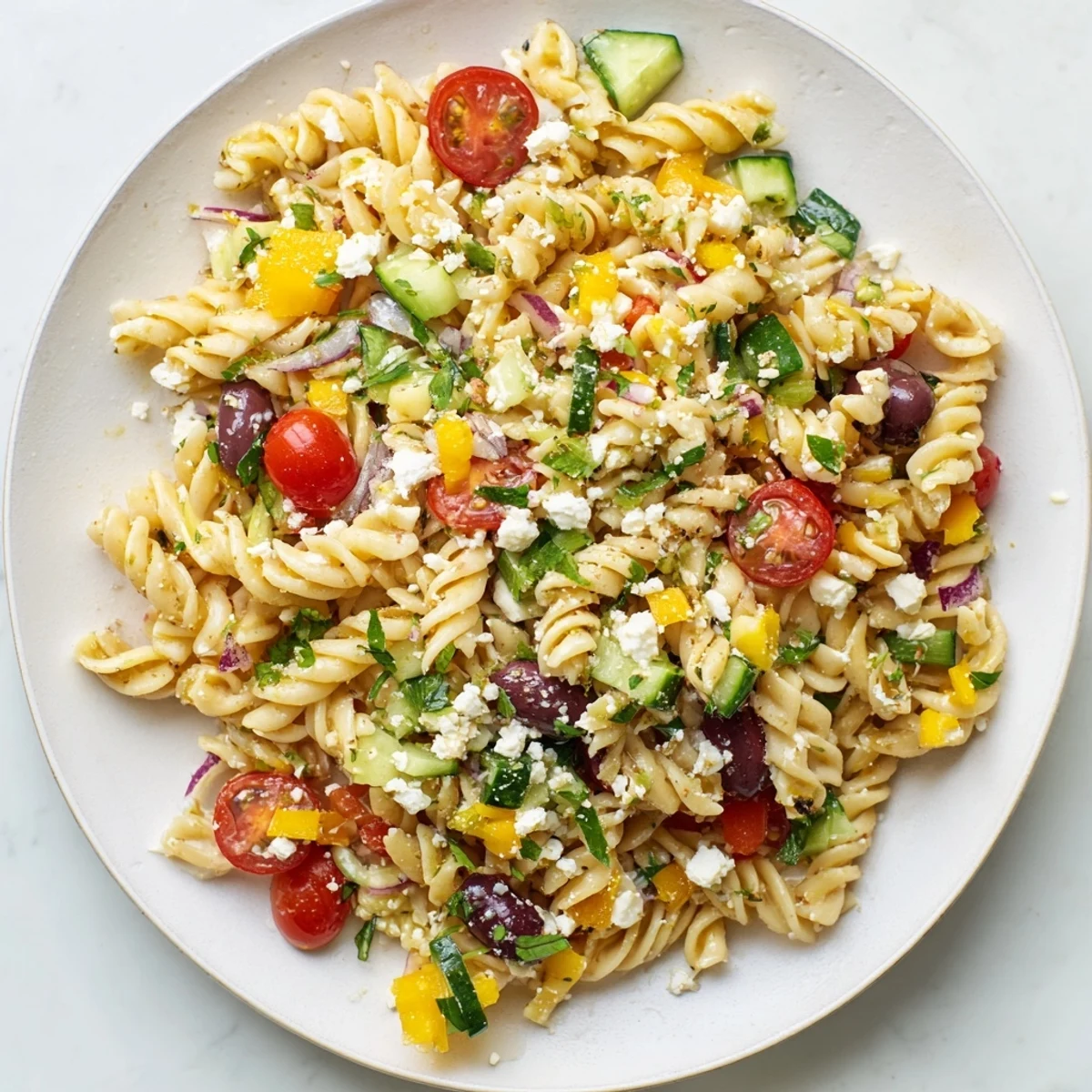 Vibrant lemon pasta salad with fresh herbs and colorful vegetables, perfect picnic food.
