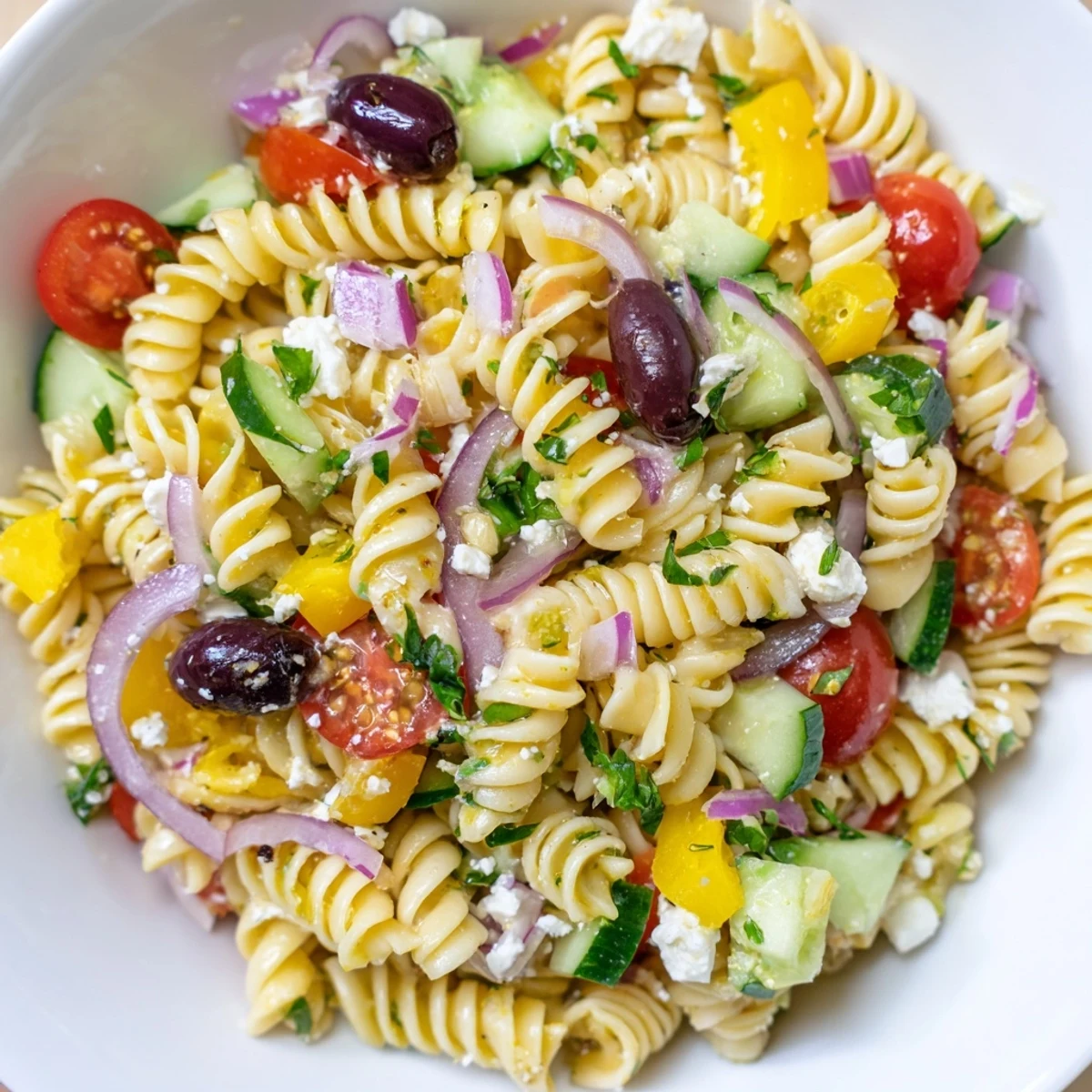 A close-up of a refreshing lemon pasta salad, tossed with feta and a bright lemon dressing.