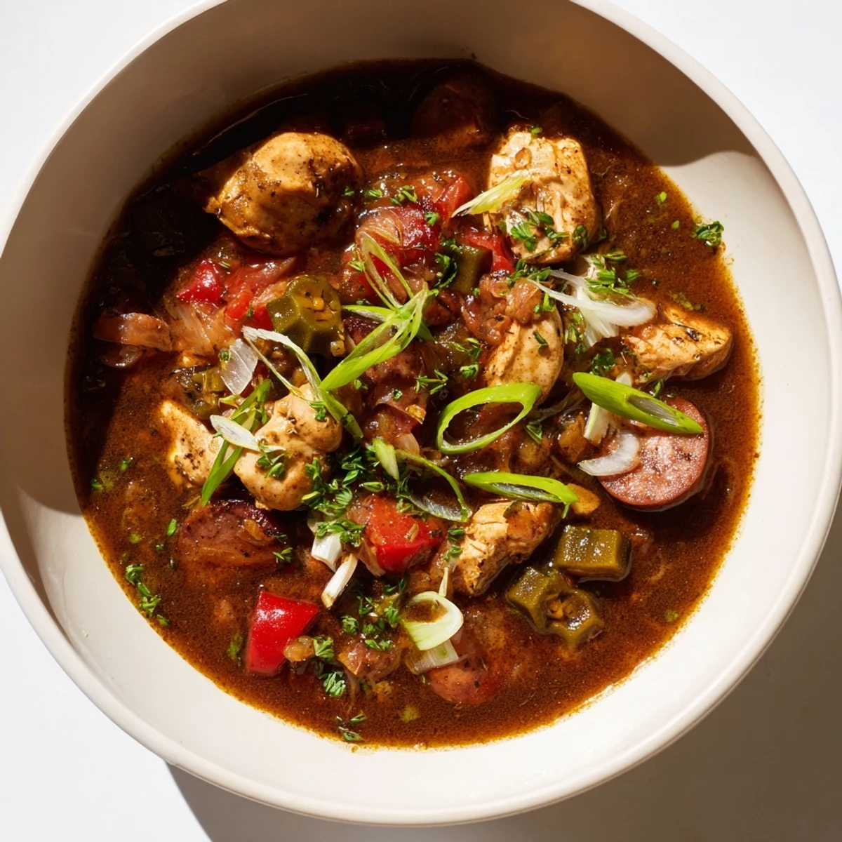 A close-up of a bowl filled with rich, dark Gumbo Okra Soup, garnished with green onions.