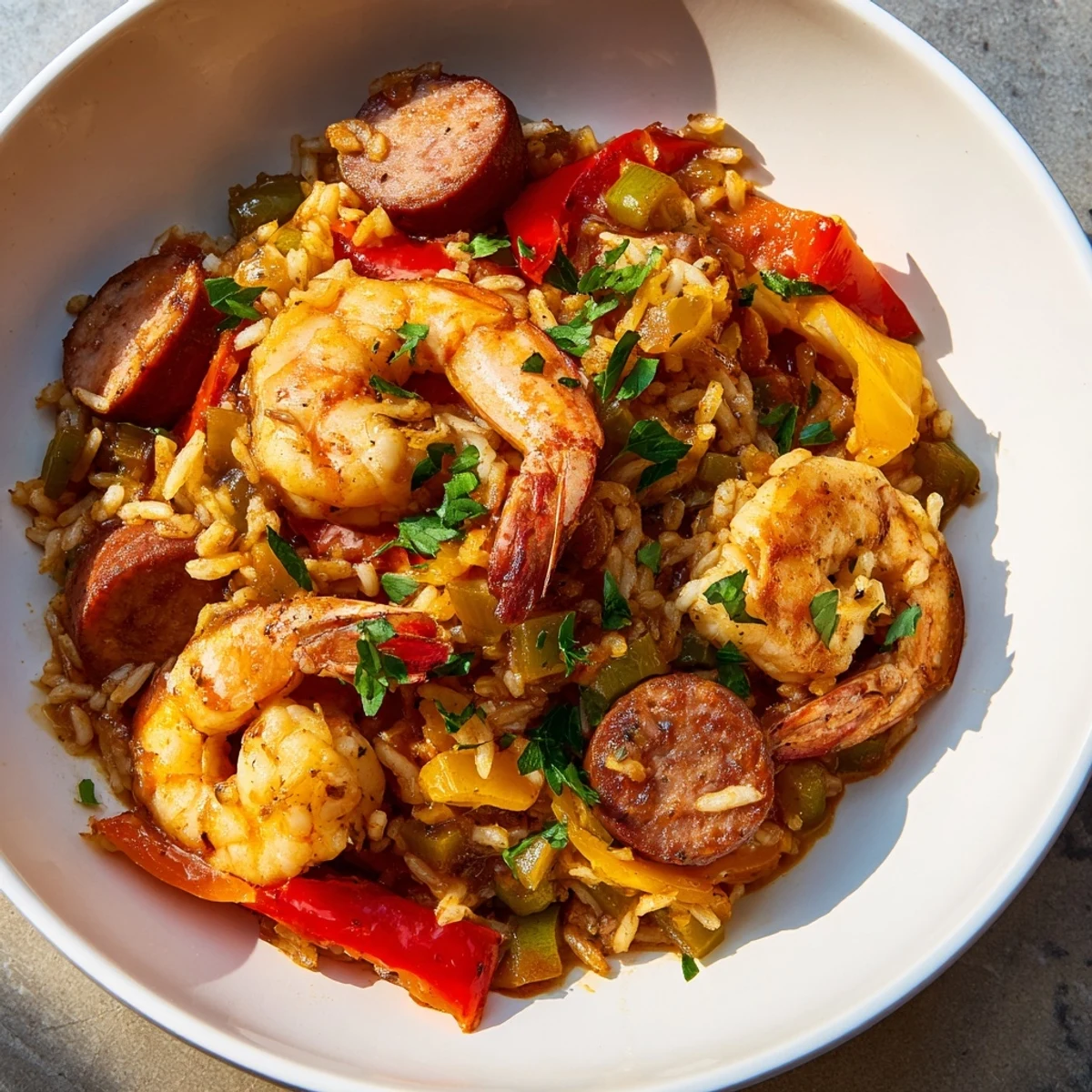 Vibrant image of homemade Jambalaya Skillet, a one-pan meal with rice and perfectly cooked shrimp.