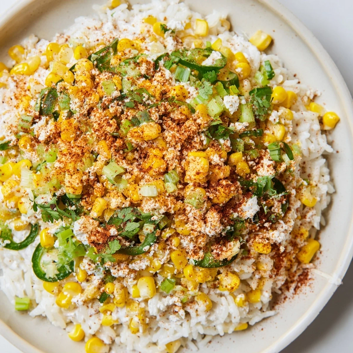 Close-up of creamy Mexican Street Corn Rice, showing the char on the corn kernels and cotija.