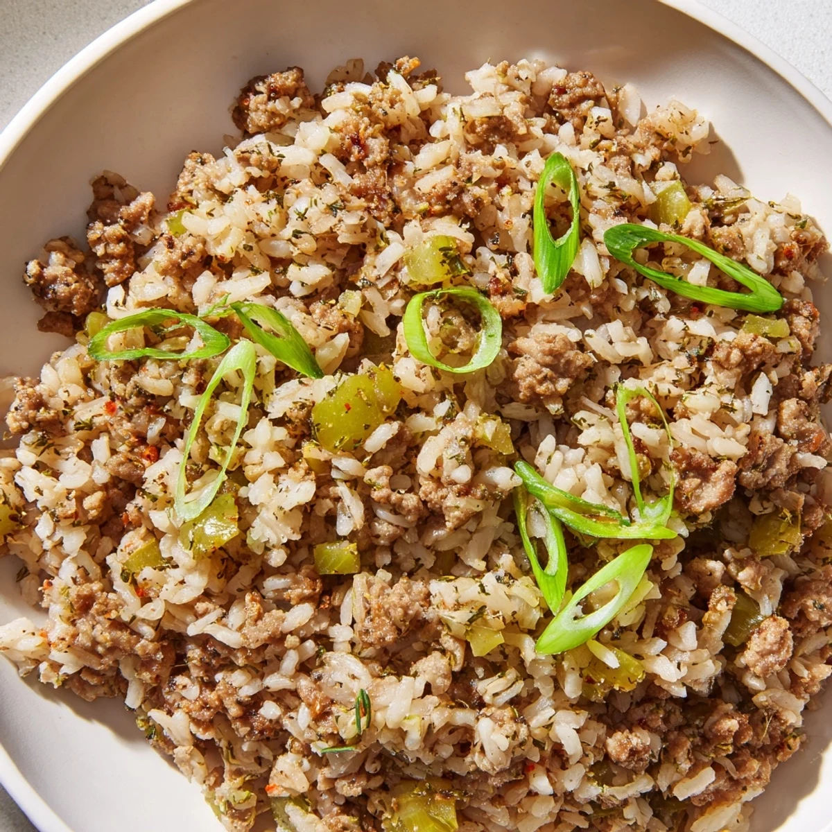 A comforting bowl of Cajun Dirty Rice, aromatic with spices and savory ground meat and vegetables.
