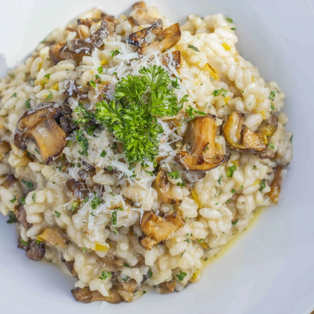 A close-up of creamy risotto with mushrooms, ready to be enjoyed, garnished with parsley.