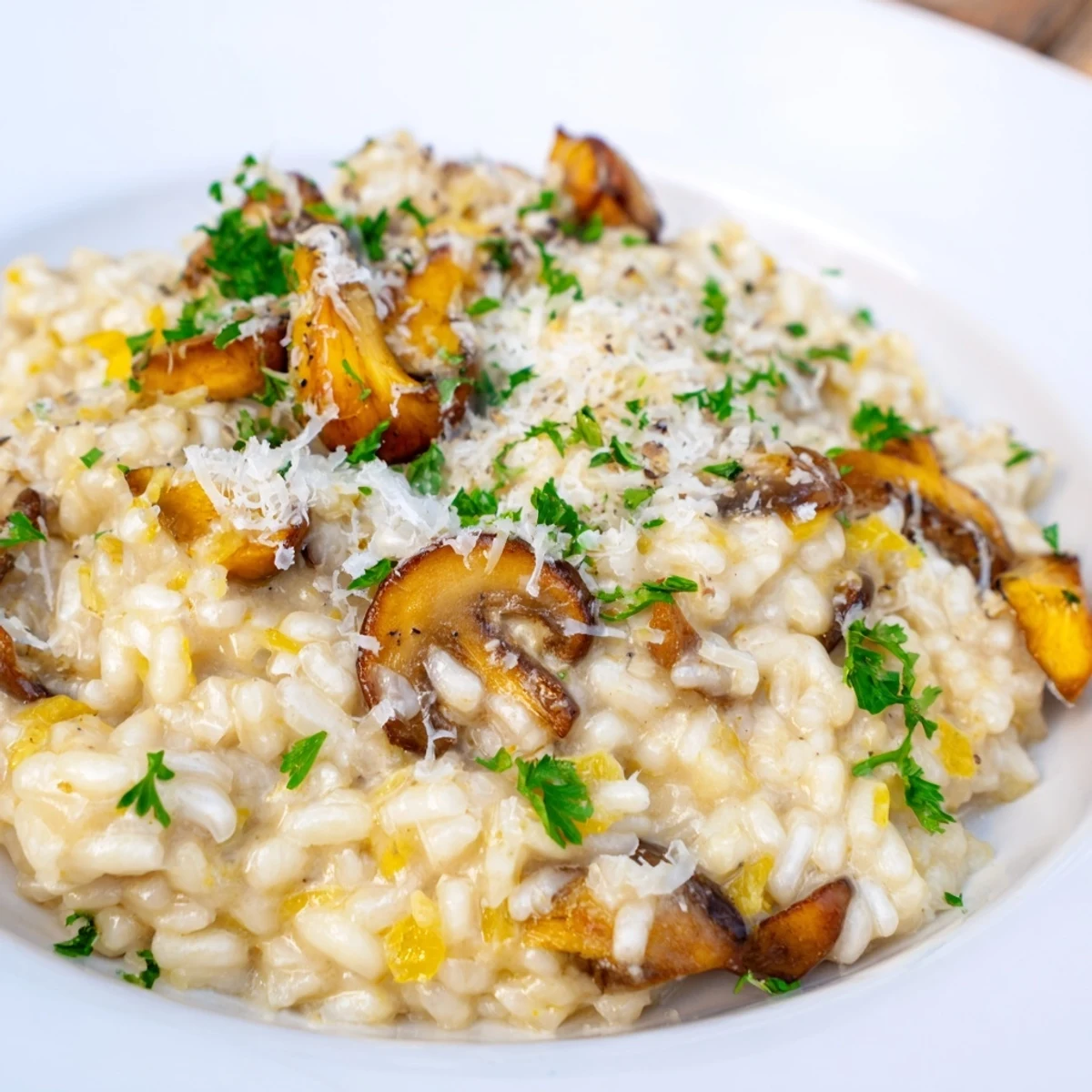 Steaming bowl of risotto with mushrooms, featuring tender rice and flavorful Parmesan cheese swirls.