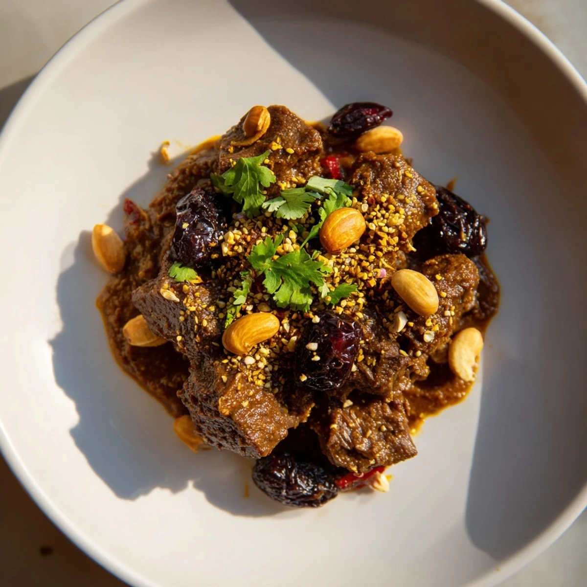 Steaming Moroccan Lamb Tagine, succulent lamb with sweet prunes and toasted almonds in a rich sauce.