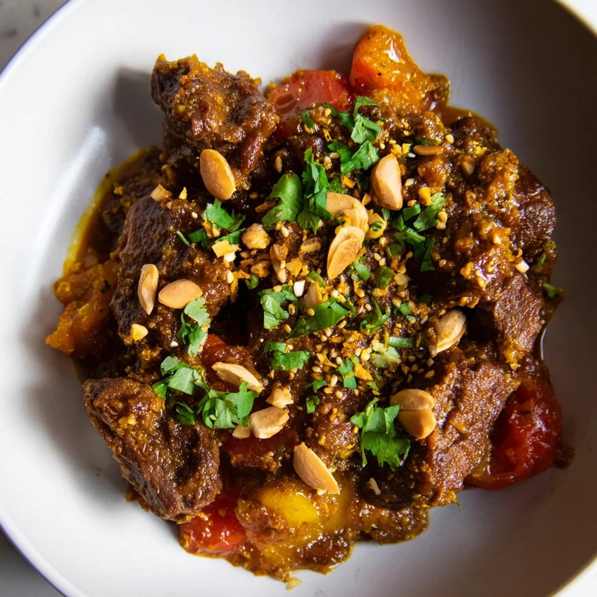 A close-up shot of the flavorful Moroccan Lamb Tagine, showcasing tender lamb and glistening prunes.