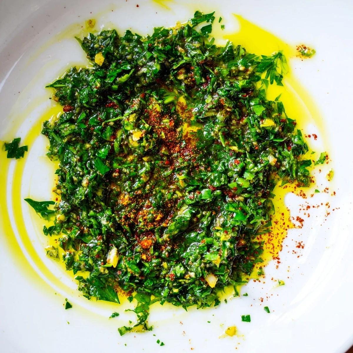 Fresh, bright Moroccan Chermoula Marinade ready to coat delicious fish fillets with vibrant green herbs and spices.