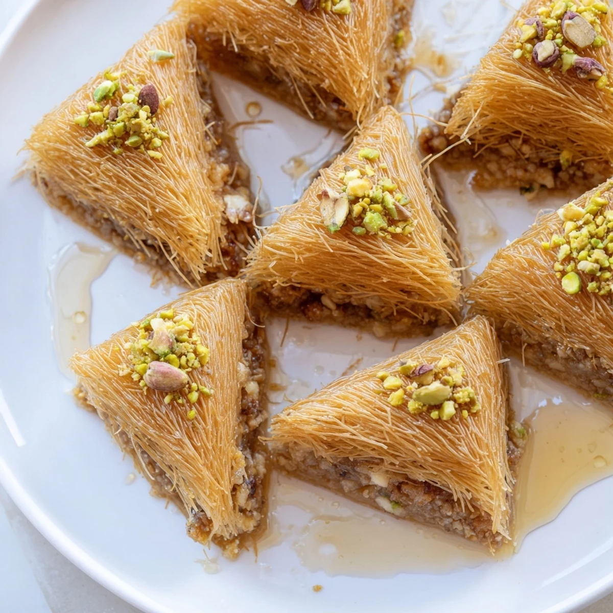 Golden-brown Egyptian Konafa, a sweet Middle Eastern dessert with flaky phyllo and crunchy nuts.
