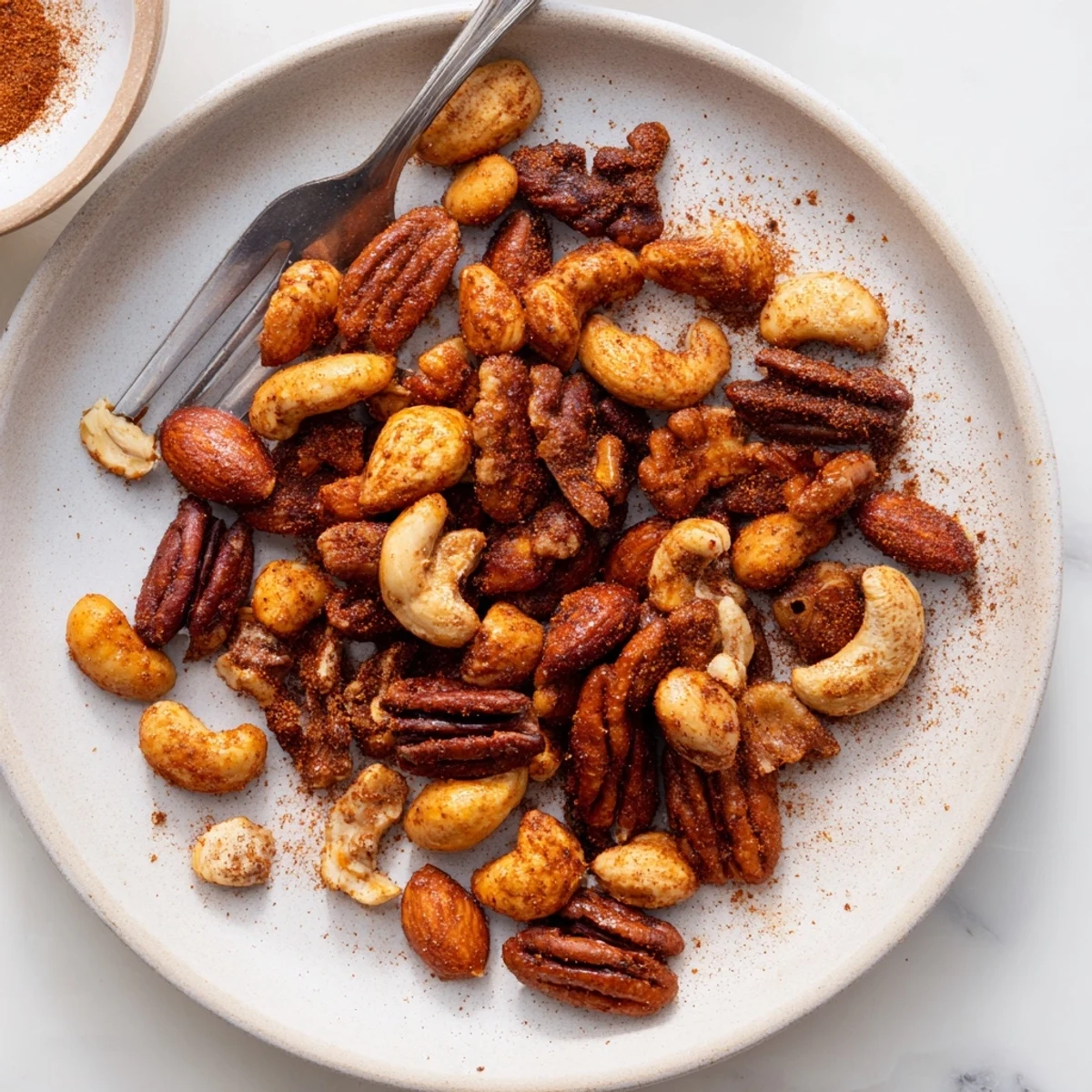A handful of Spiced Nuts Mix arranged alongside a cheese board for an easy, gluten-free snack platter.