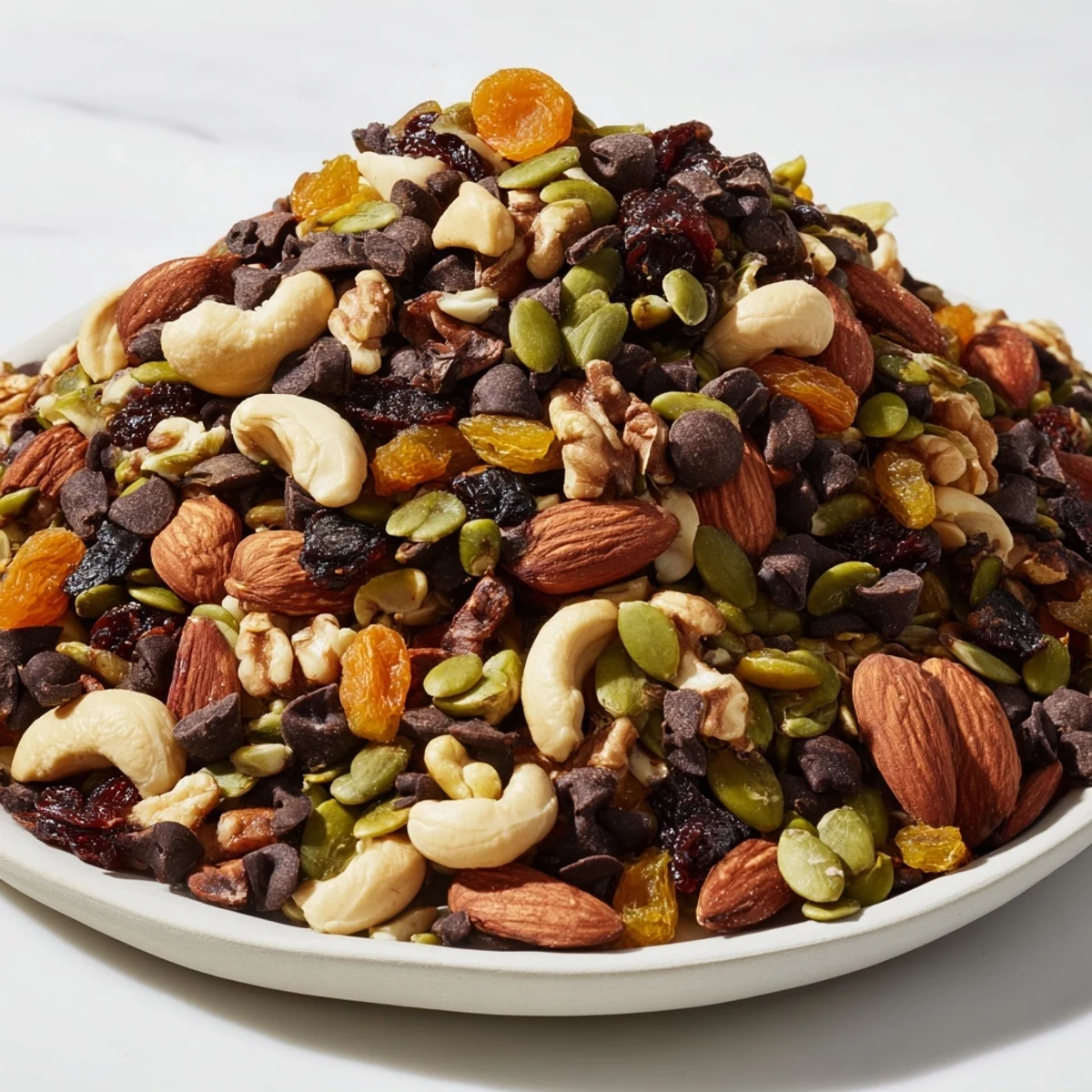A homemade bowl of Trail Mix Custom with almonds, cashews, and dark chocolate chips next to dried apricots and cranberries.  