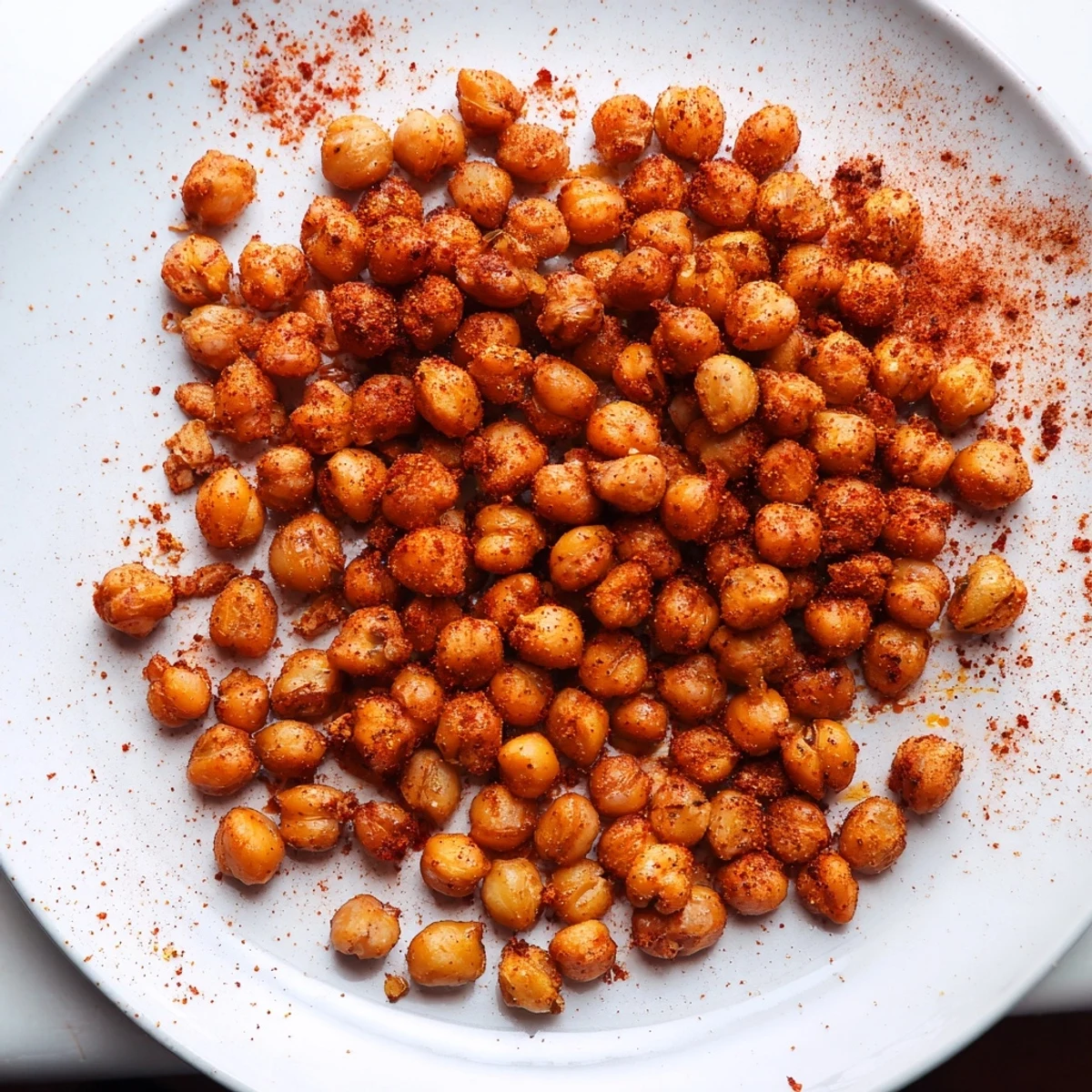 Spicy Crispy Chickpea Snacks tossed in olive oil and bold spices, ready to top a fresh garden salad.