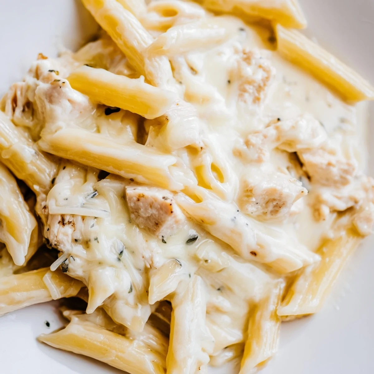 The baked Chicken Alfredo Casserole features golden melted mozzarella and tender penne pasta in creamy sauce.