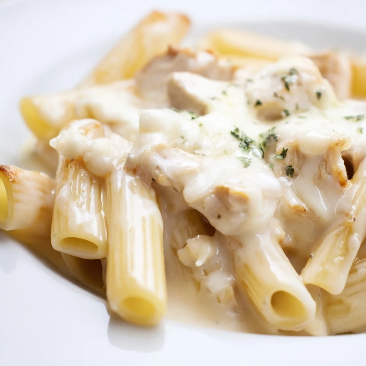 Steaming, cheesy Chicken Alfredo Casserole with chunks of chicken and penne pasta, perfect for a family dinner.
