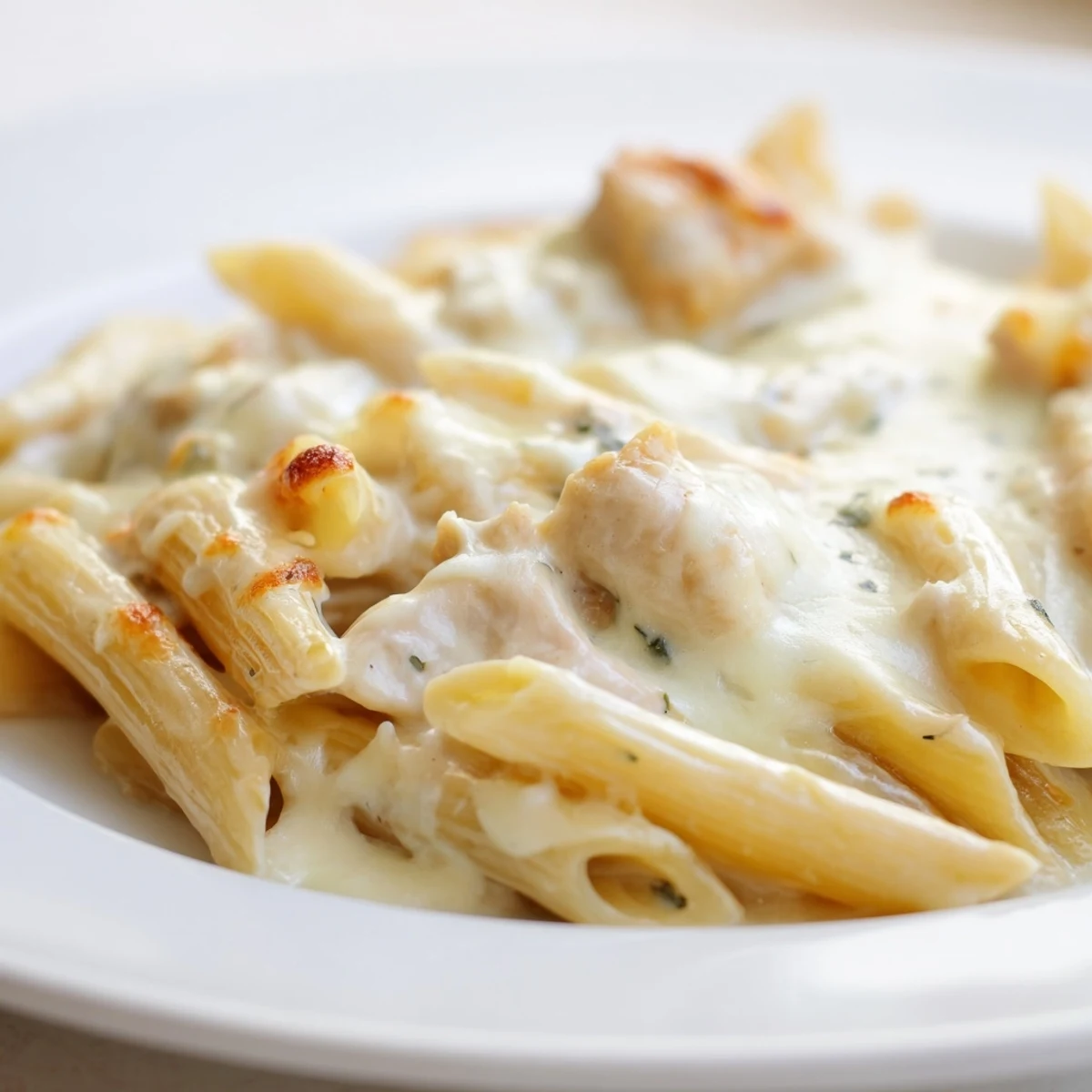 Golden brown, bubbling Chicken Alfredo Casserole is served in a white dish, garnished with fresh parsley.