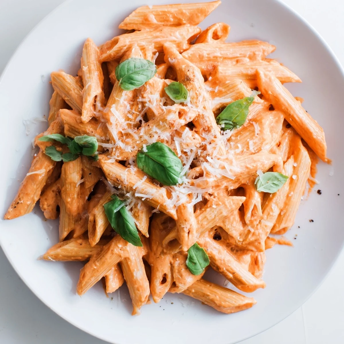 Creamy roasted red pepper pasta twirled on a fork, topped with fresh basil and extra Parmesan.  