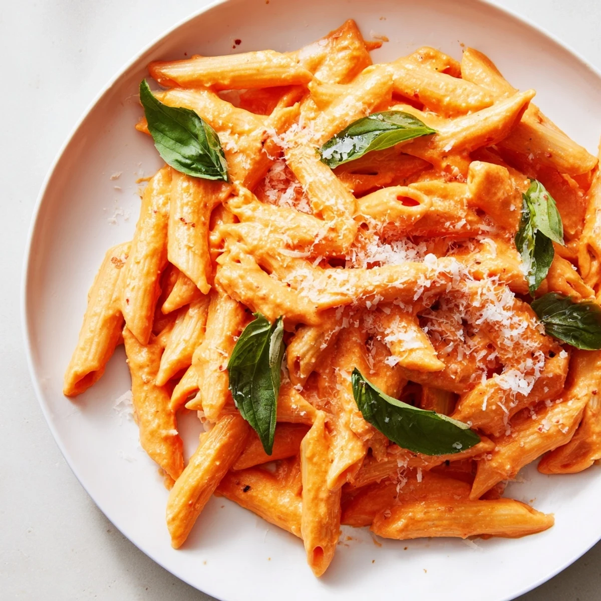 A skillet of roasted red pepper pasta simmering, with garlic and heavy cream sauce.  