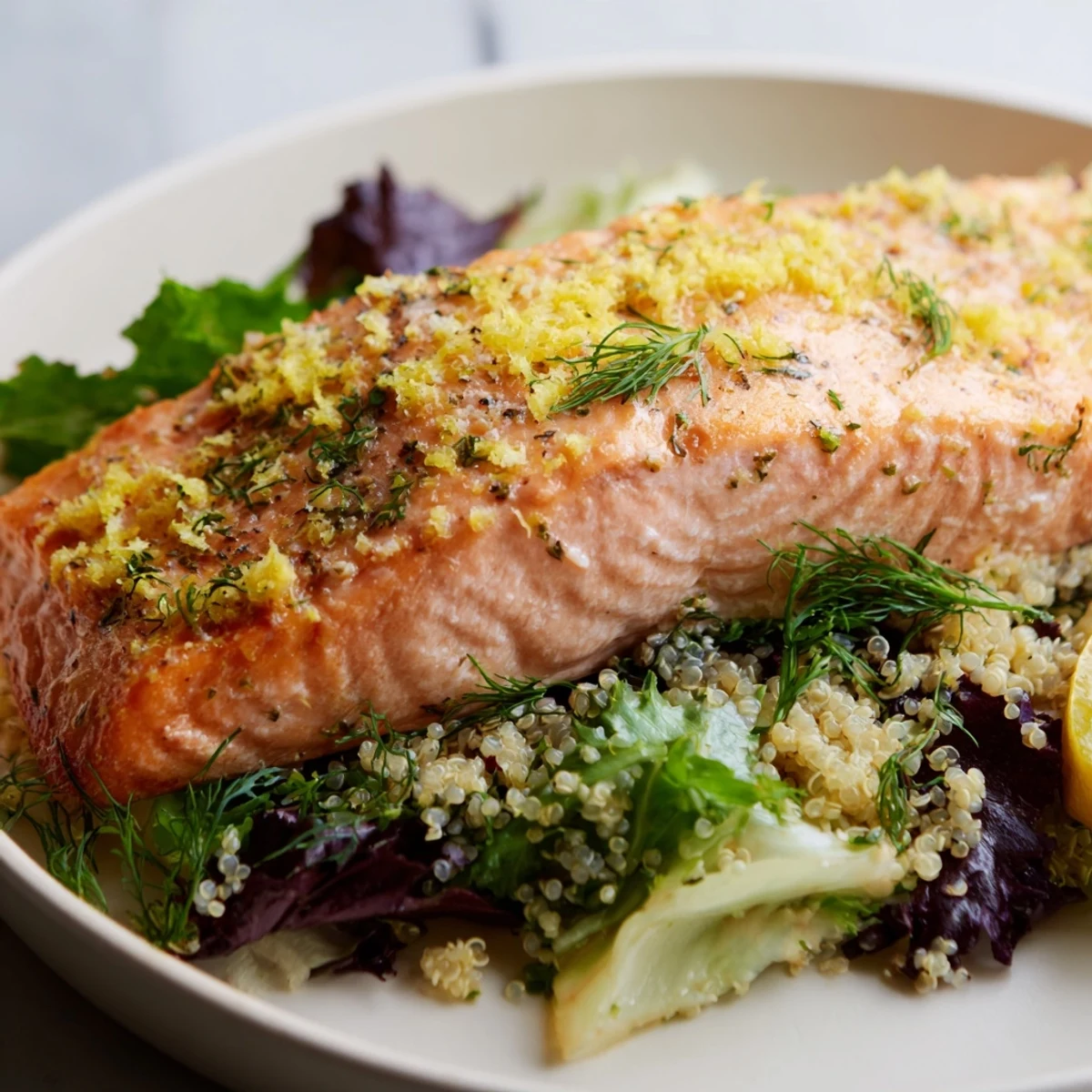 Lemon Herb Salmon Salad ready to serve with warm salmon fillets, cucumber slices, and fresh herbs for a nourishing meal.