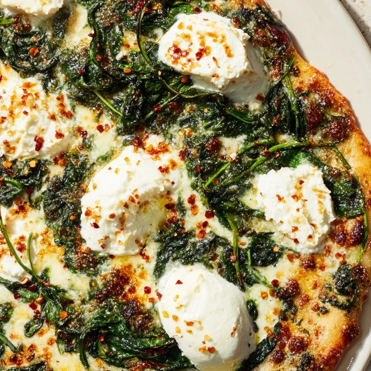 Golden-baked Spinach Ricotta Pizza with bubbly cheese, garlicky aroma, and fresh spinach on a thin crust.