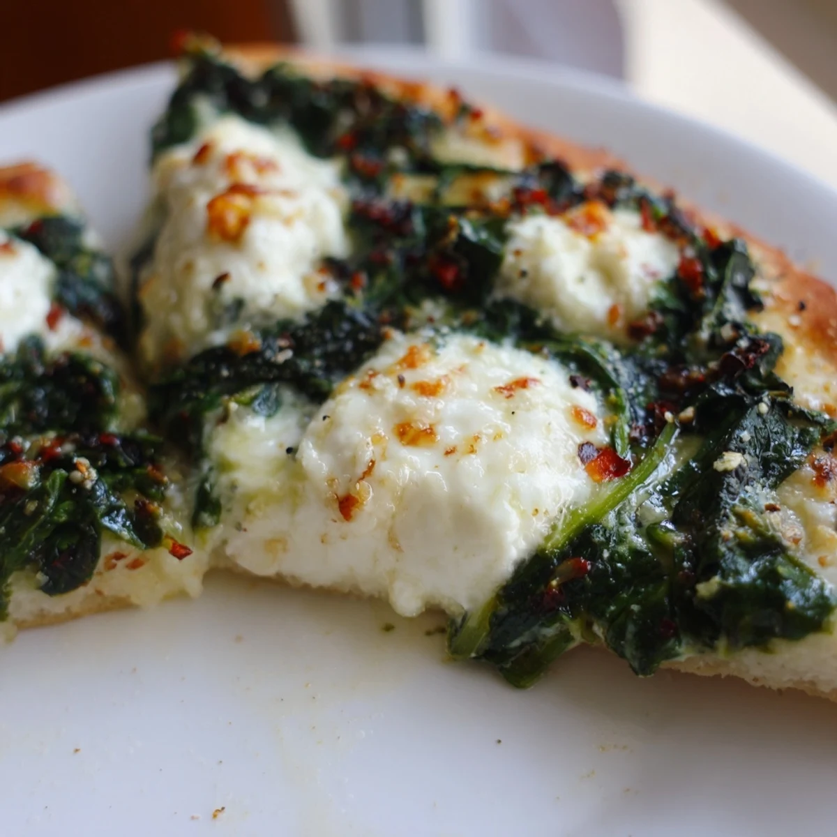 Cheesy Spinach Ricotta Pizza with vibrant green spinach, ricotta dollops, and golden edges on parchment.