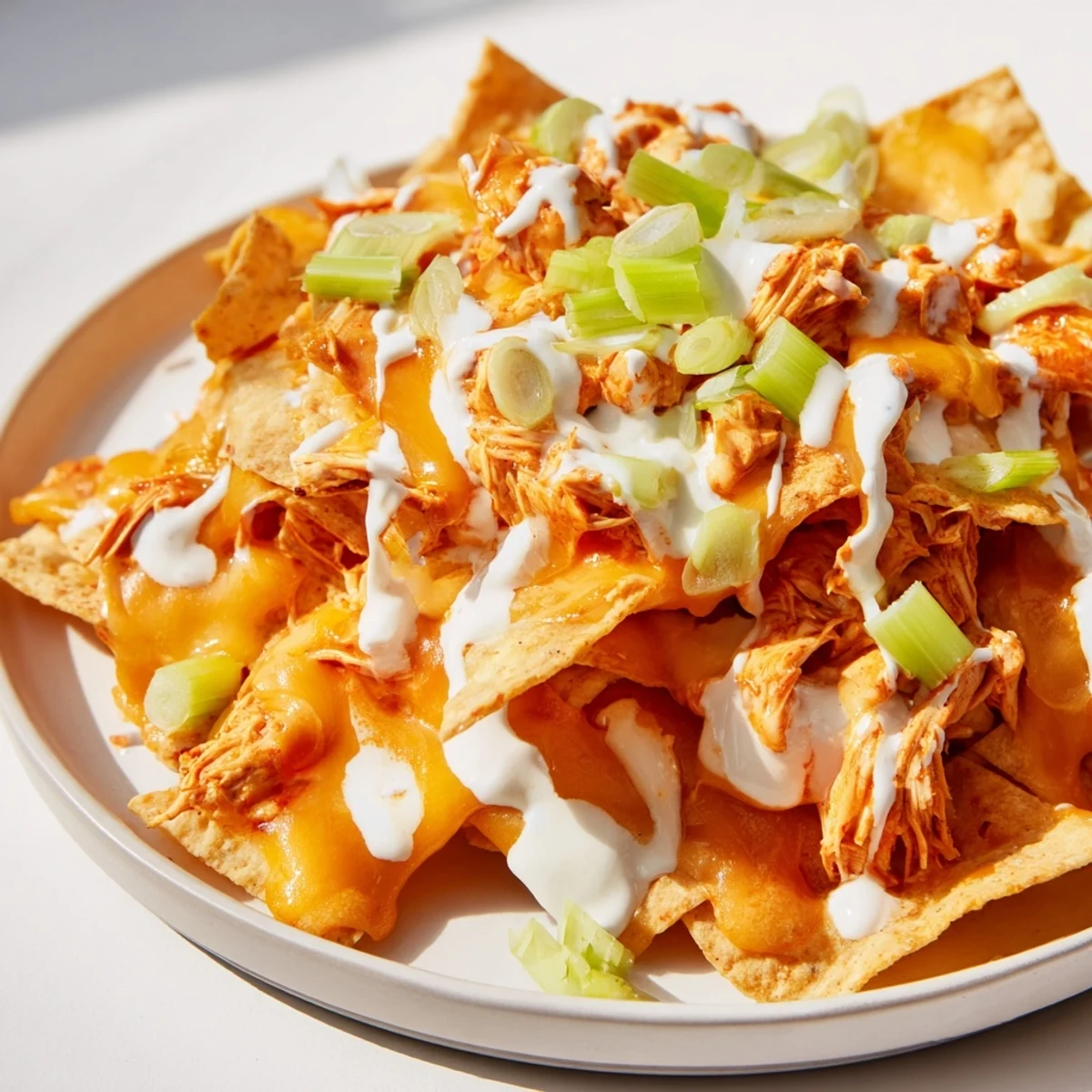 Golden, bubbly cheese melts over spicy buffalo chicken and crispy tortilla chips, ready for a game day snack.