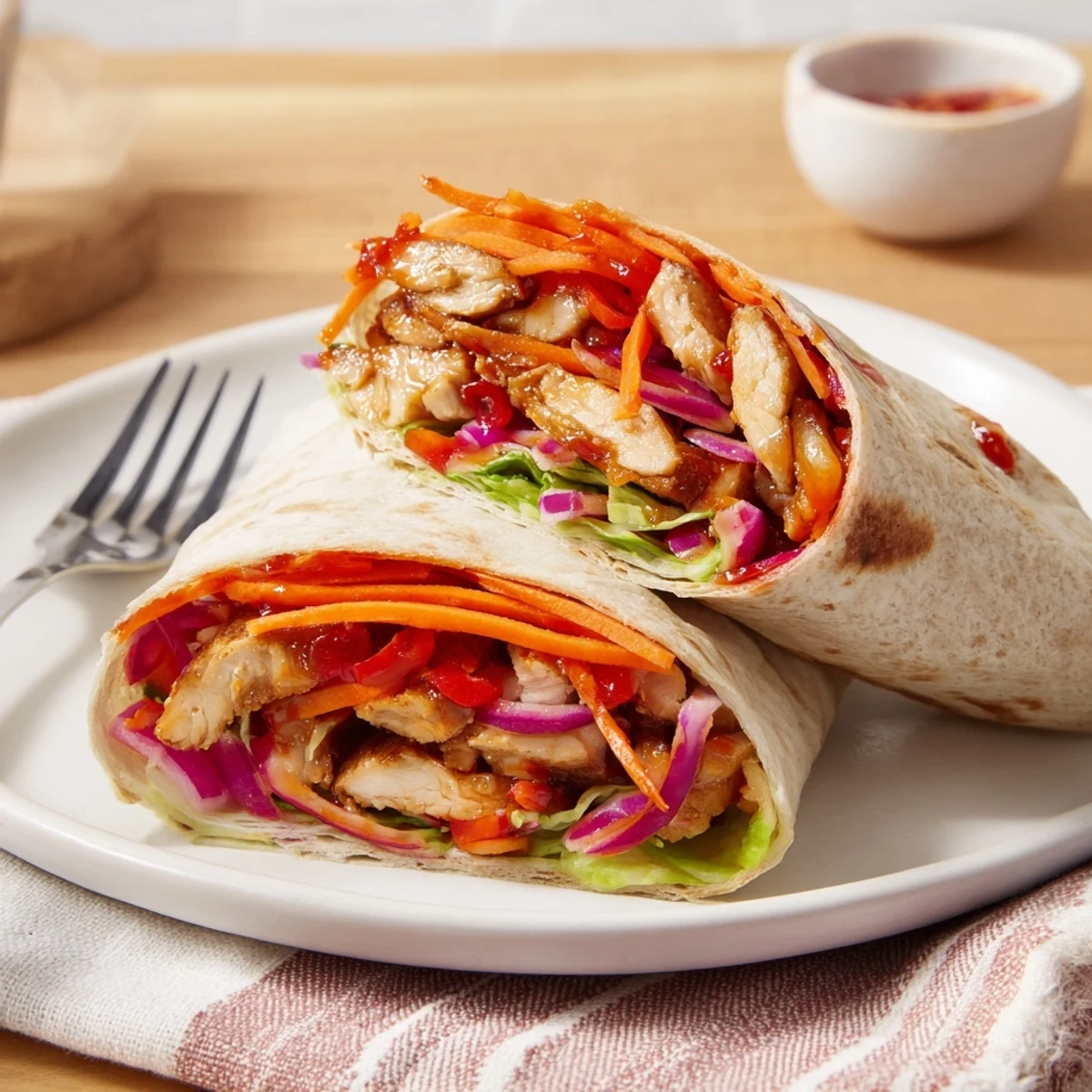 Golden-brown chicken strips coated in glossy honey sriracha sauce nestled in a warm flour tortilla with crisp lettuce and bright red bell pepper slices.