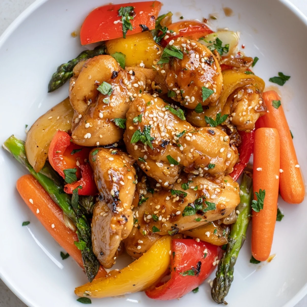 Golden-brown Sheet Pan Honey Garlic Chicken rests beside vibrant red bell peppers and crisp asparagus, glistening with a sticky, sweet-savory glaze.