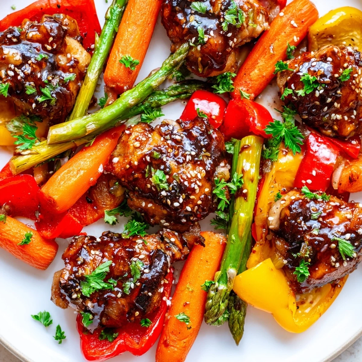 Caramelized chicken and tender spring vegetables in a glossy honey garlic sauce, perfect for a quick and easy weeknight dinner.