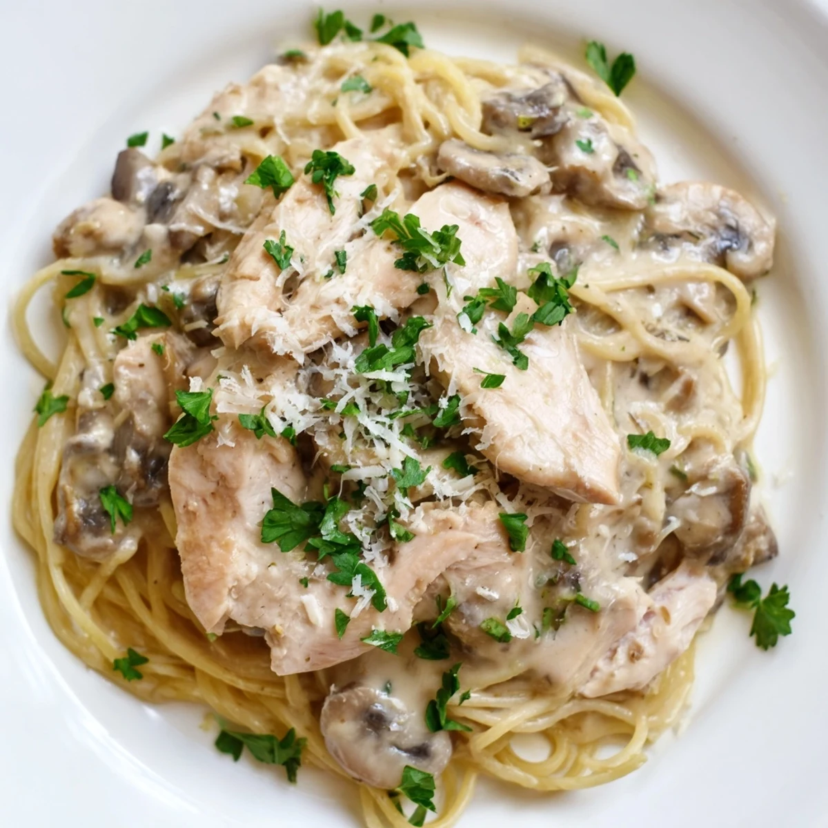 Tender chicken breast strips and al dente spaghettini coated in a velvety mushroom cream sauce, served warm and garnished with fresh parsley.  