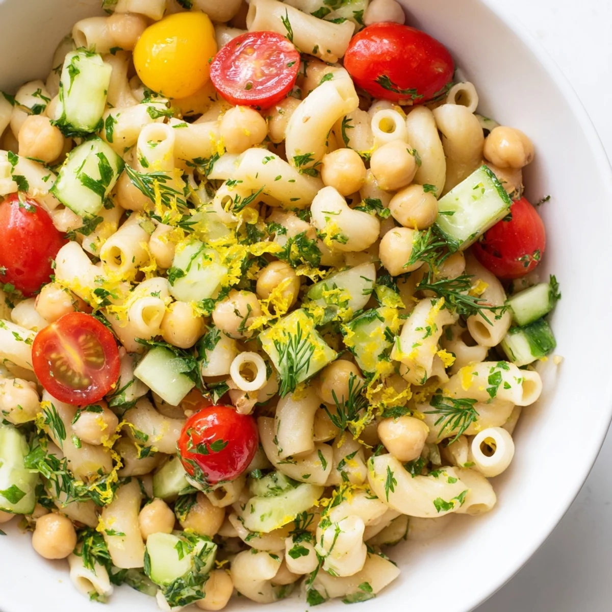 Colorful Lemon Herb Chickpea Pasta Salad tossed with parsley, dill, and mint, drizzled with lemony dressing for a refreshing summer picnic side.