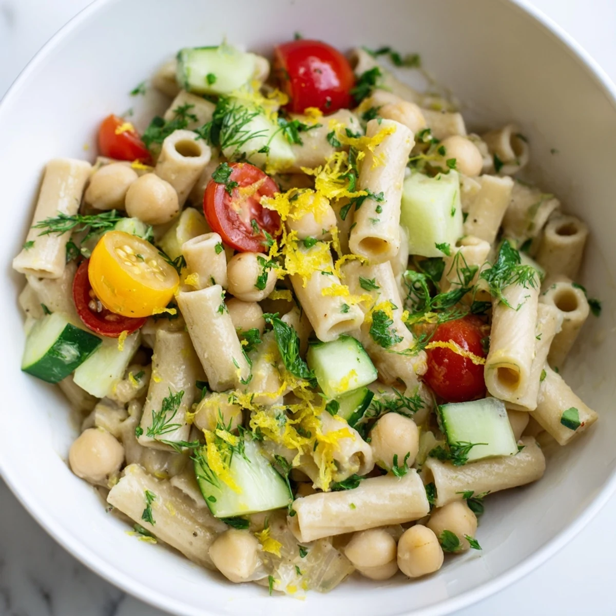 Hearty Lemon Herb Chickpea Pasta Salad with chickpea pasta, crisp veggies, and optional feta, served chilled for a healthy vegetarian meal.