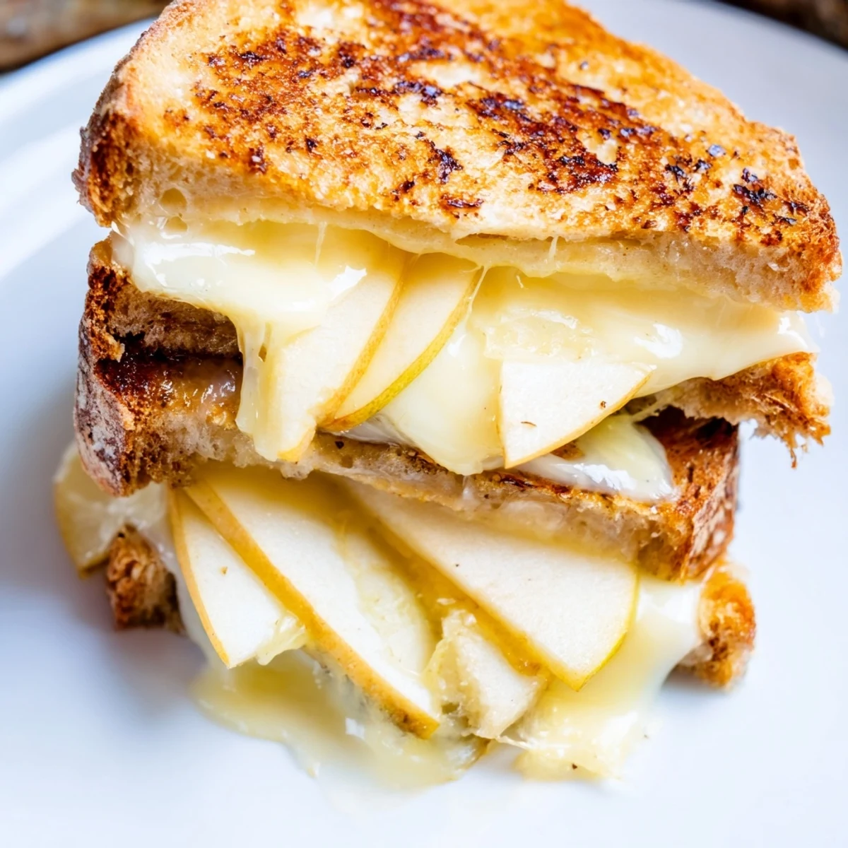 Close-up of a buttery grilled cheese with smoky Gouda and thin apple slices, served warm and cut in half.