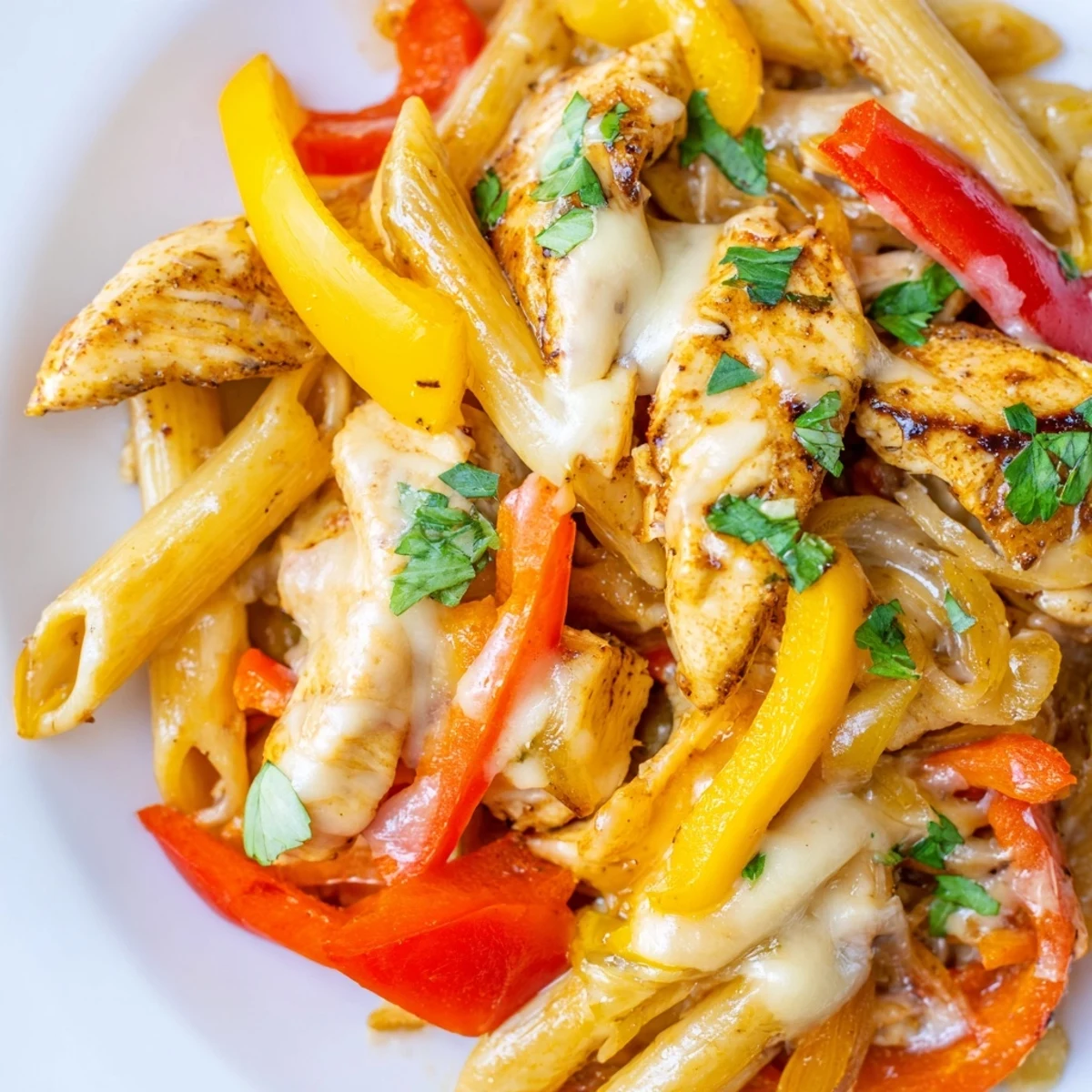 This vibrant Tex-Mex Fajita Chicken Pasta Skillet is served hot, garnished with fresh cilantro and lime wedges.