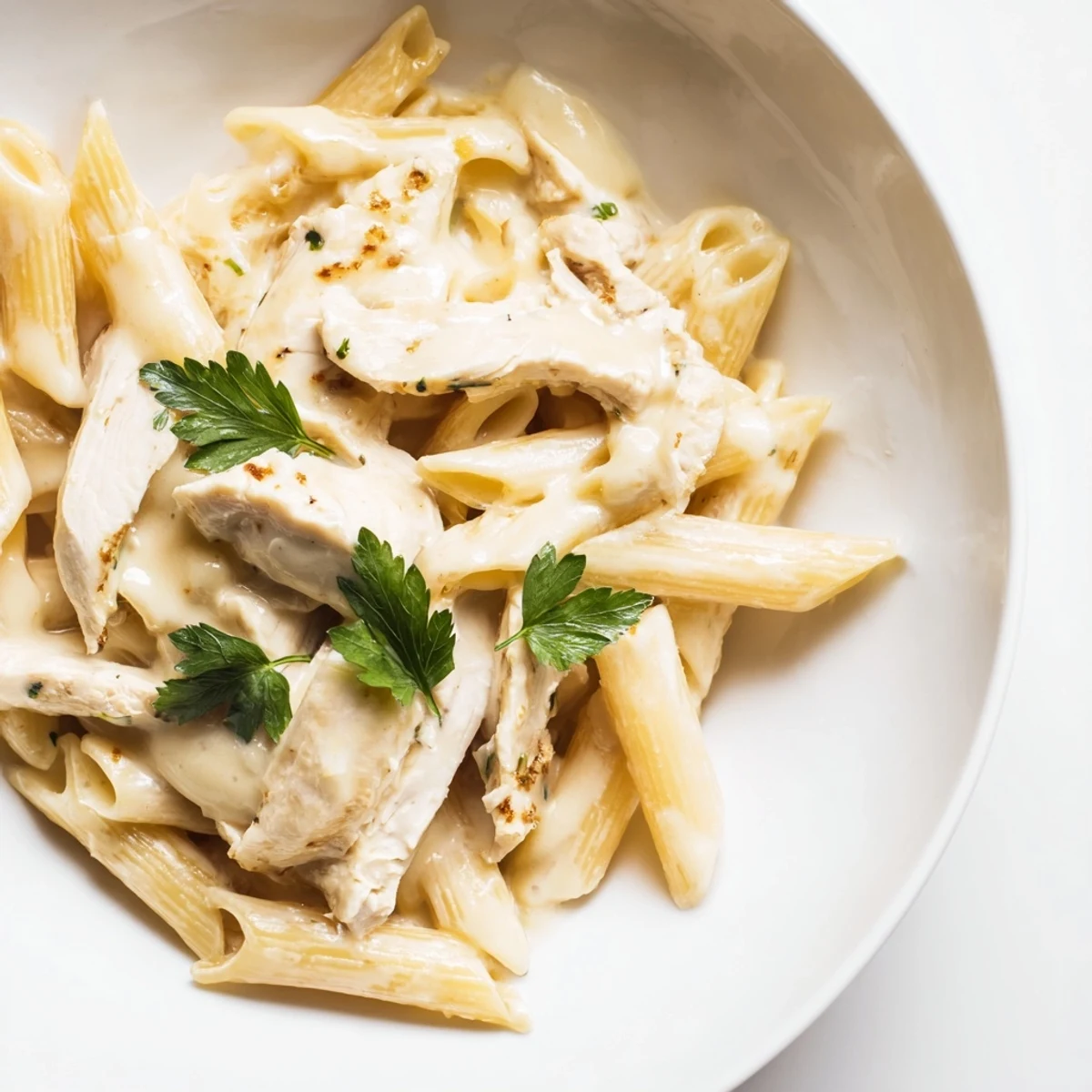 Golden roasted garlic cloves and sliced, juicy chicken nestle in penne, smothered in a creamy, aromatic sauce, garnished with parsley.