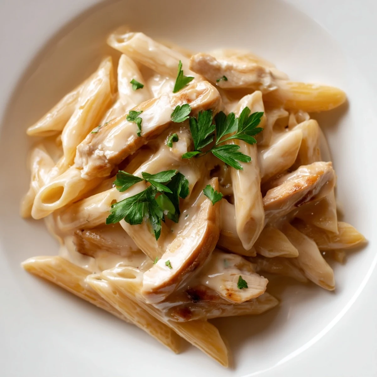Steaming Roasted Garlic Chicken Penne served in a white bowl, fresh parsley and grated Parmesan topping the rich, silky pasta.