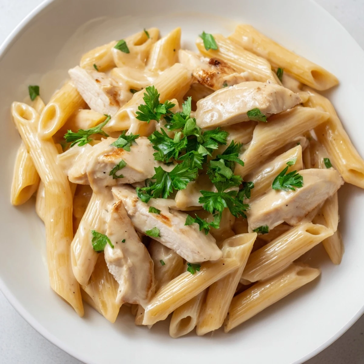 Hearty skillet of Roasted Garlic Chicken Penne with tender noodles and golden chicken in a luscious roasted garlic cream sauce.
