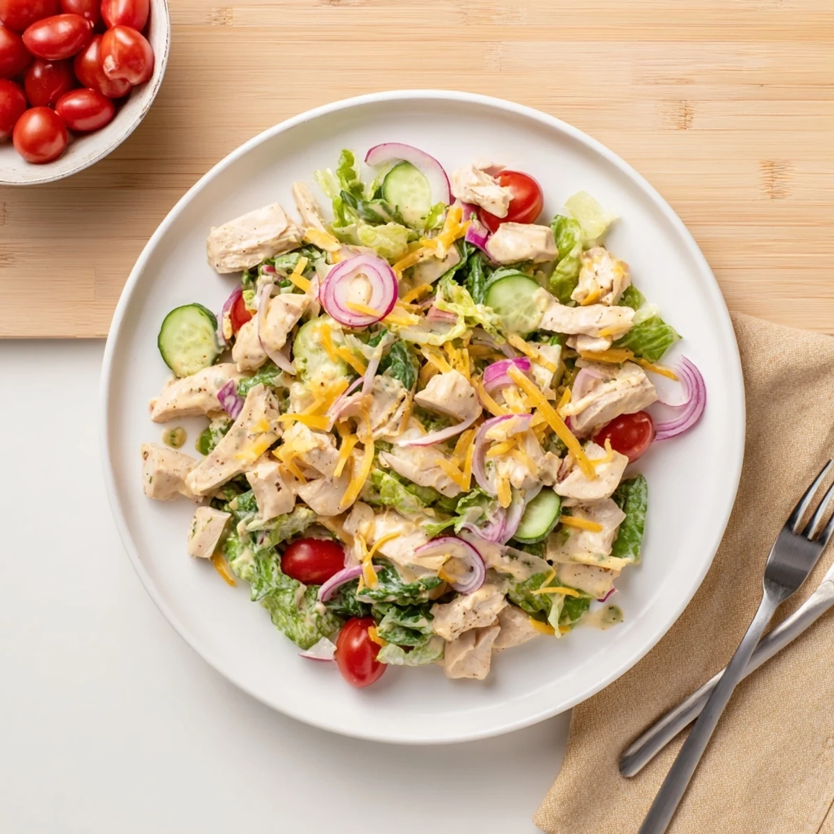 A plated Jalapeño Ranch Chicken Salad features grilled chicken chunks tossed with crisp romaine, cherry tomatoes, and creamy dressing.