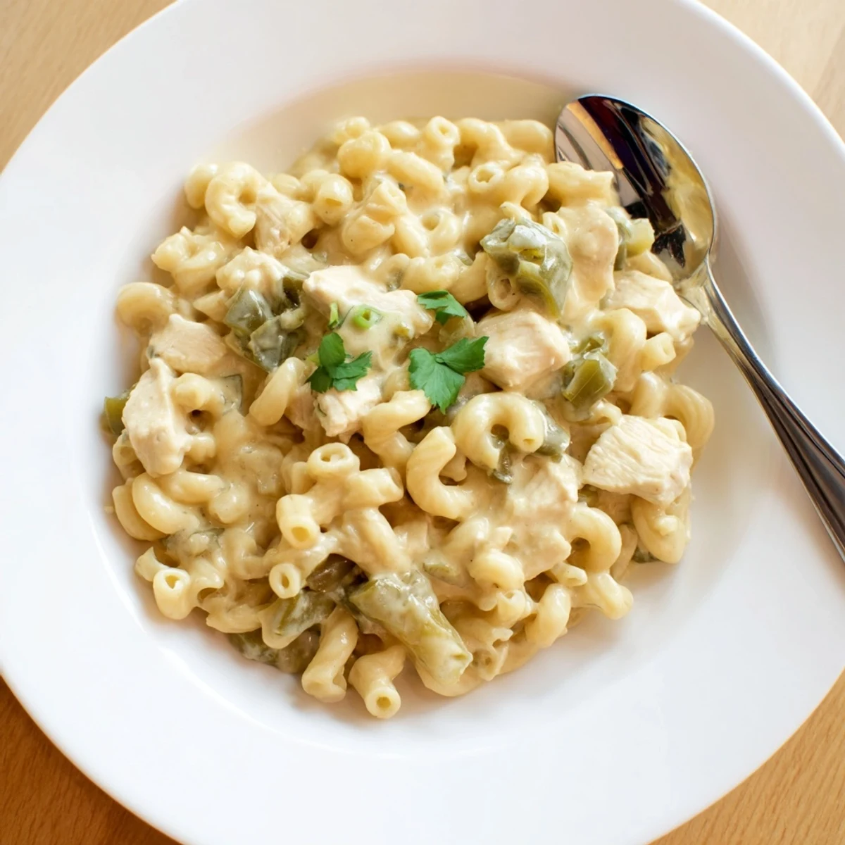A close-up of creamy Green Chili Chicken Mac in a skillet, garnished with cilantro and jalapeño slices.  