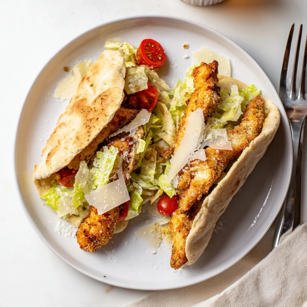 Close-up of a crispy pita pocket filled with herbed chicken, Caesar salad, and a drizzle of creamy dressing.  