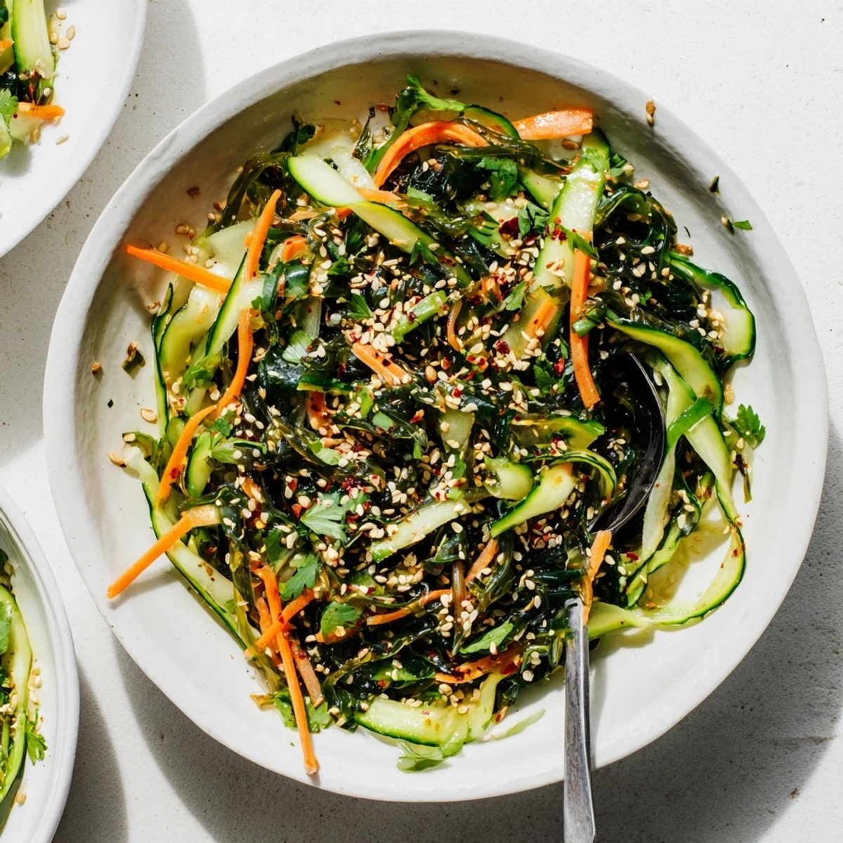 Colorful Japanese Seaweed Salad with glistening sesame dressing, sliced cucumbers, and julienned carrots on a white plate.